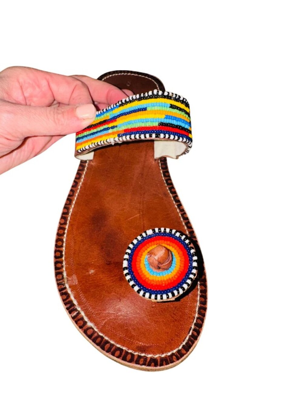 Handmade Boho Hippie Leather Sandals Rainbow Beaded Retro Indie Womens 9 Western - Picture 6 of 8